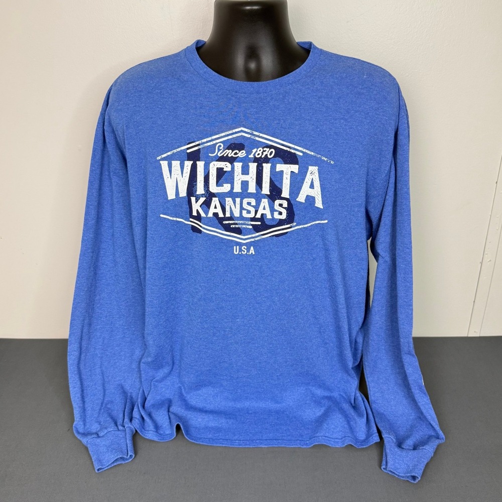 Delta T-Shirt Mens L Wichita Kansas Long Sleeve Blue Graphic Pro Weight Tee